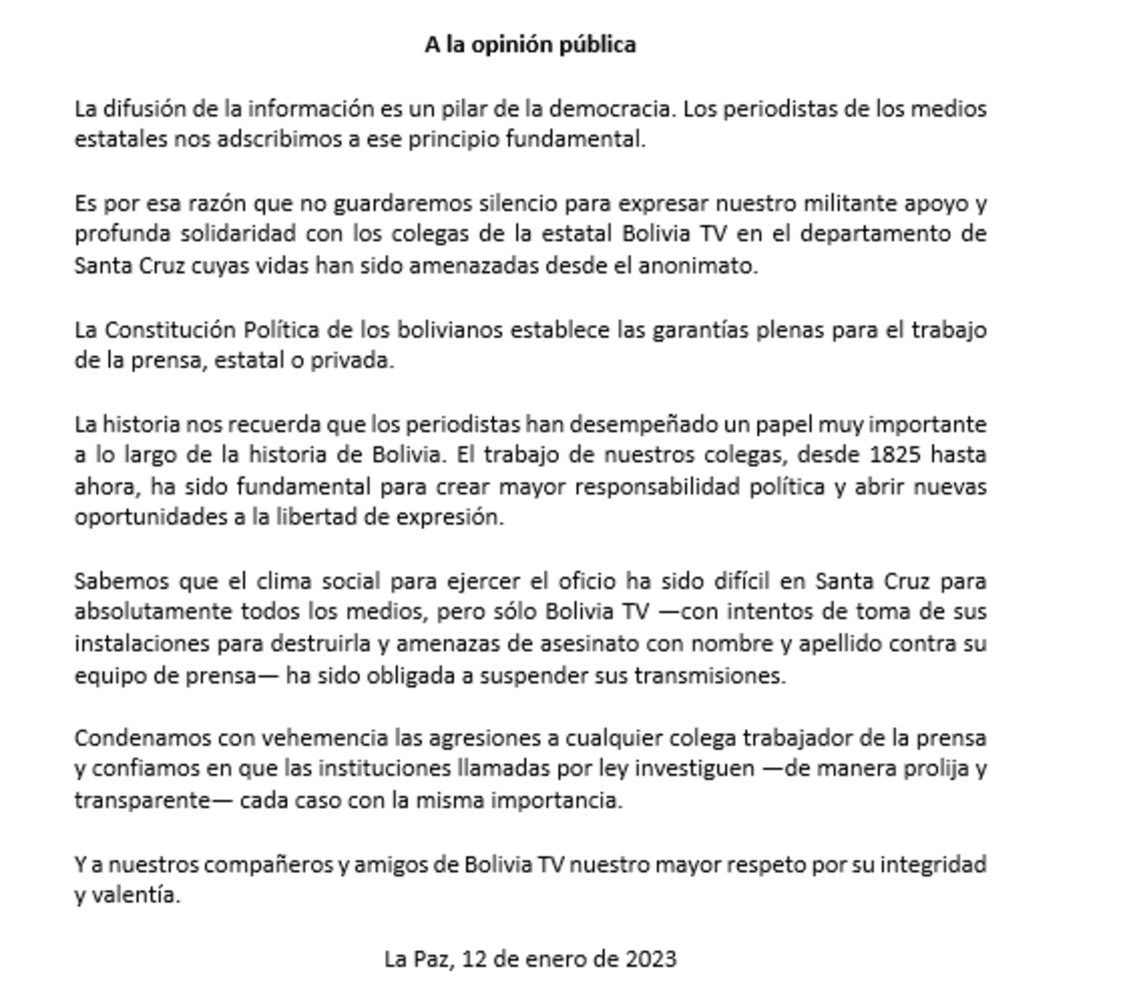 Periodistas de medios estatales expresan su solidaridad a trabajadores amenazados de Bolivia TV de Santa Cruz