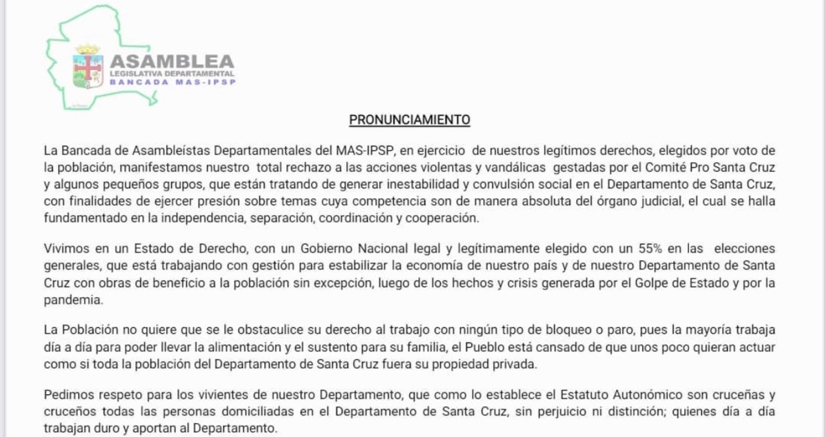 Asambleístas rechazan acciones violentas y bloqueo de fronteras en Santa Cruz 