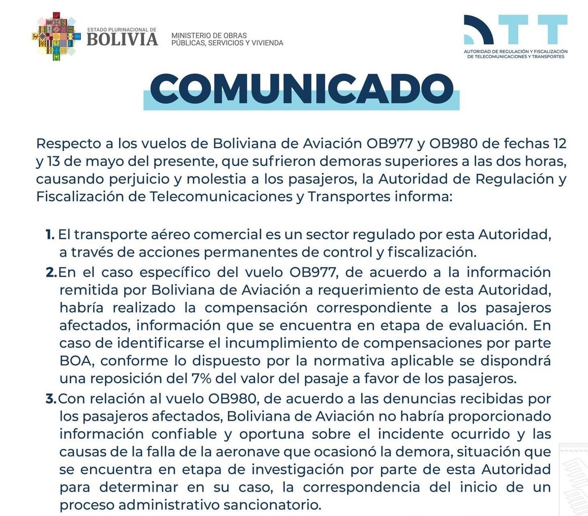 ATT investiga el incidente y demora en el vuelo OB980 de BoA
