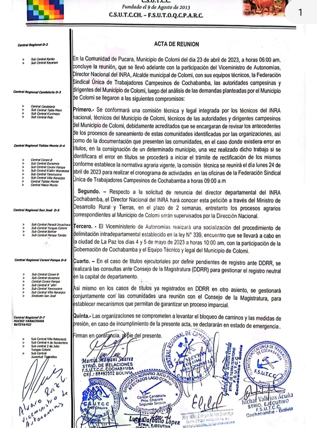 Pobladores de Colomi firman acuerdo con el Gobierno y levantan los bloqueos hacia Santa Cruz