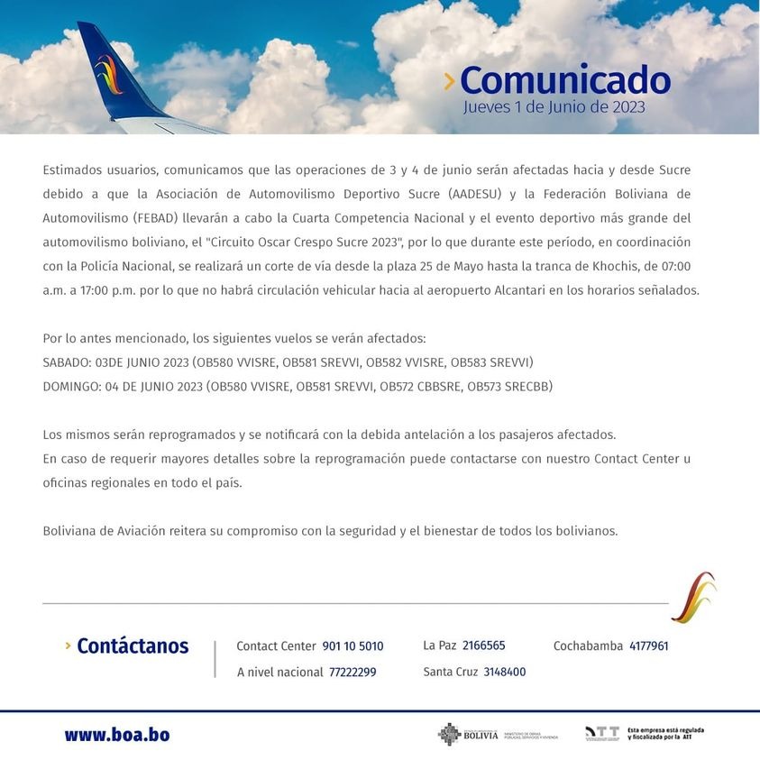 Aeropuerto de Alcantarí no operará el fin de semana por la competencia de automovilismo en la ciudad de Sucre