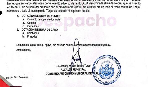 Viceministro aclara que alcalde Torrez pidió ropa interior de mujer y corpiños como apoyo a Defensa Civil