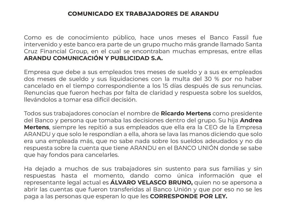Extrabajadores de Arandu Comunicación, parte de Santa Cruz Financial Group, denuncian adeudo de sueldos y liquidaciones