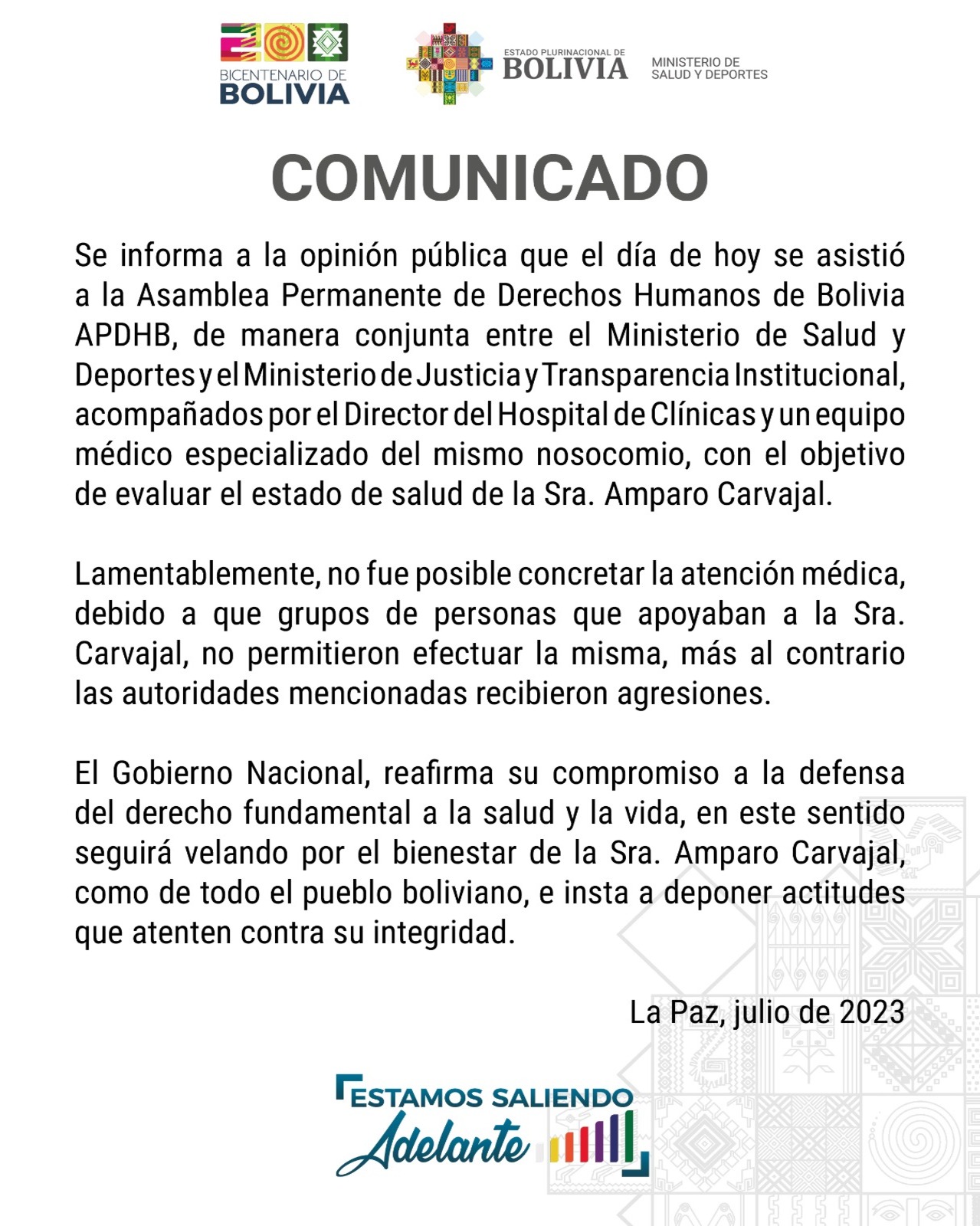 Gobierno reafirma compromiso de “seguir velando” por el bienestar de Amparo Carvajal