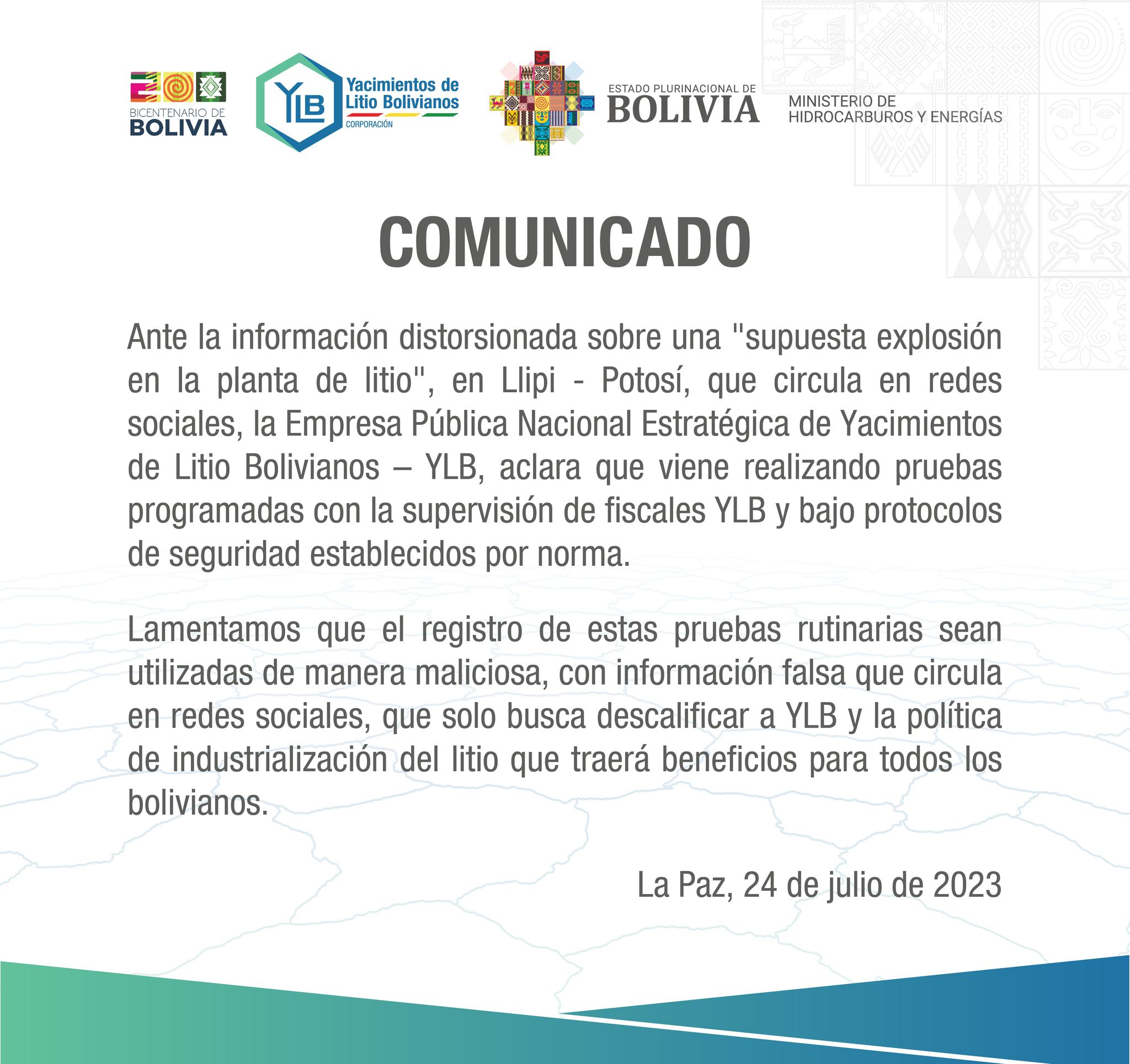 YLB informa que es falso el video que circula en RRSS sobre una “supuesta explosión en la planta de litio”