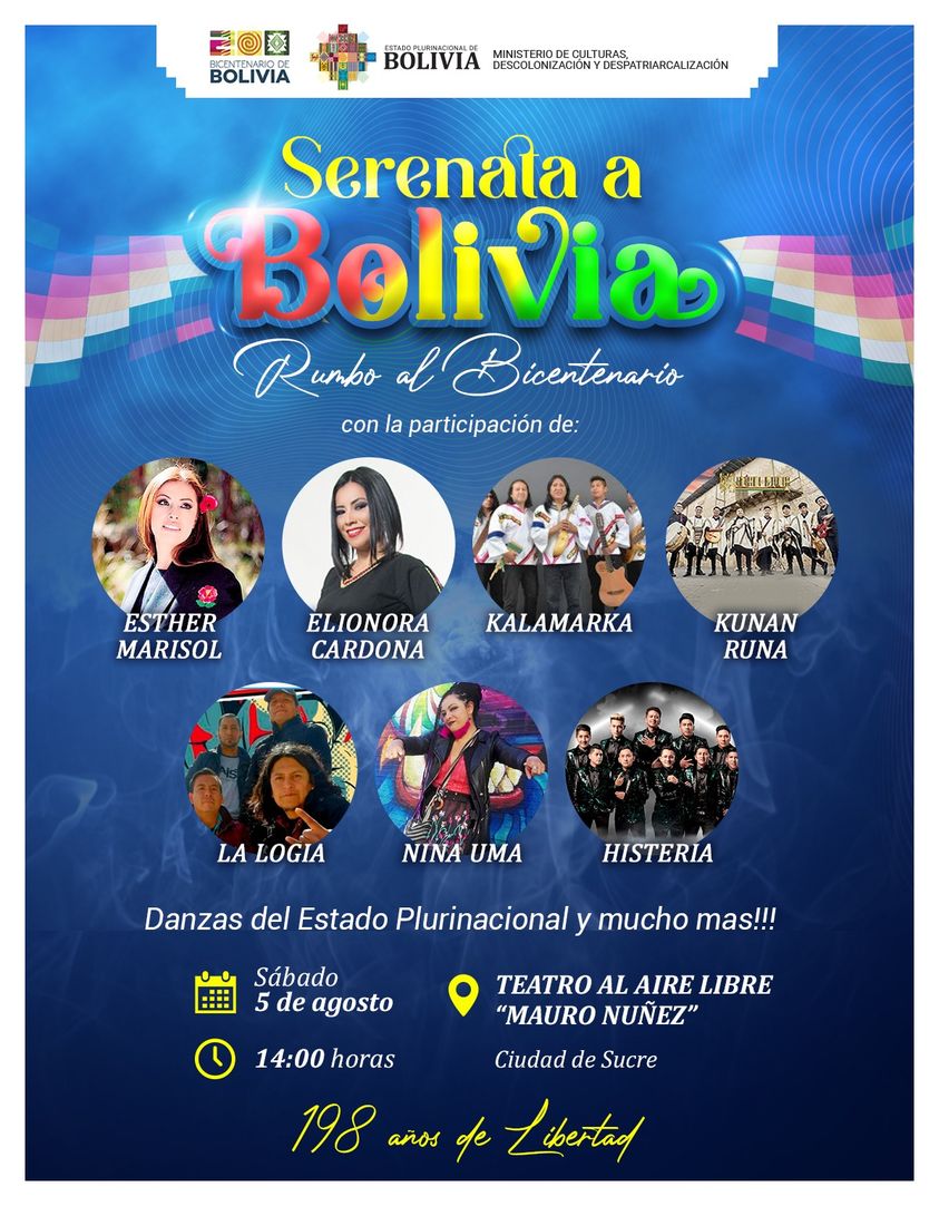 Grupos musicales de los nueve departamentos rendirán su homenaje a Bolivia en una serenata en Sucre