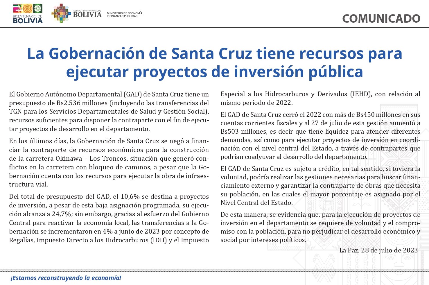 Economía: Gobernación de Camacho se negó a financiar carretera pese a presupuesto de Bs 2.536 millones y Bs 503 millones en cuentas fiscales