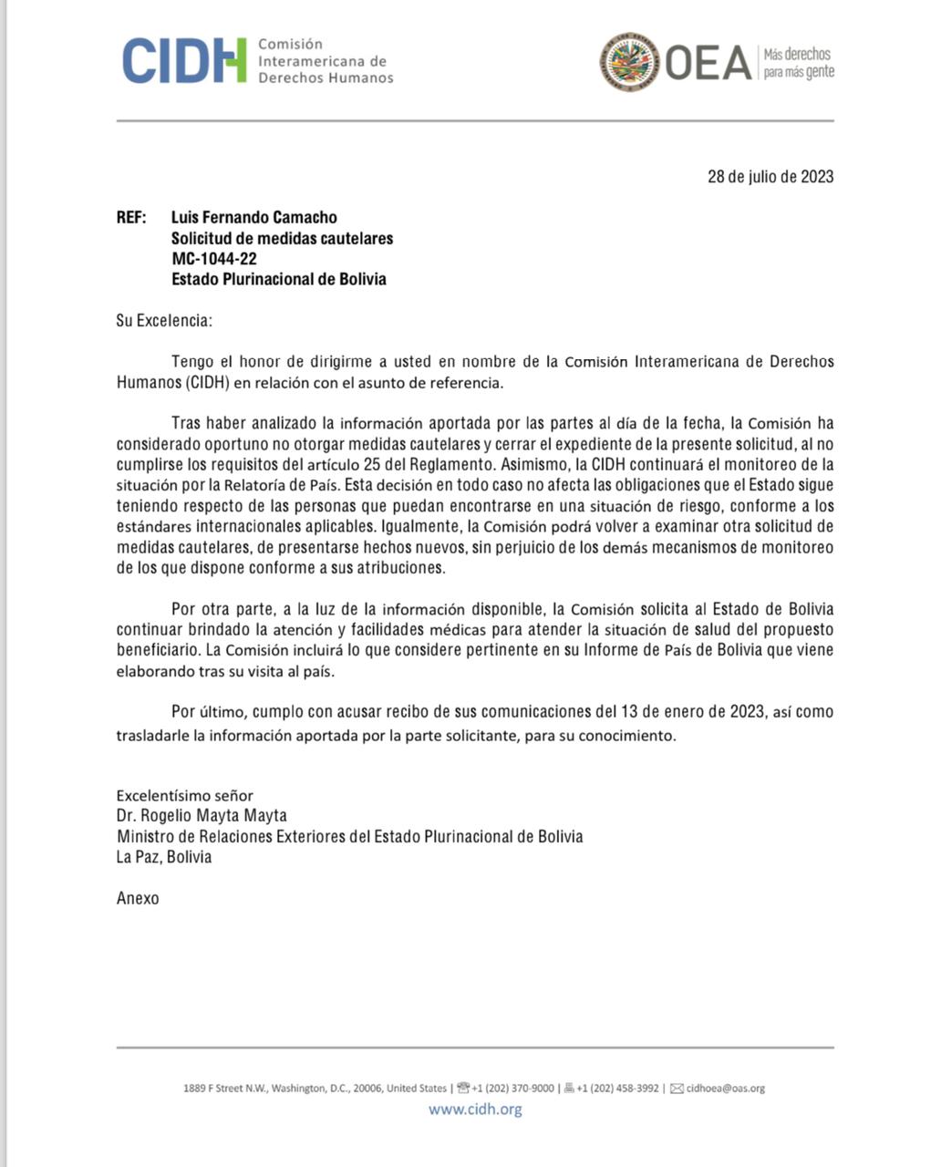 CIDH niega medidas cautelares a Camacho y cierra su expediente