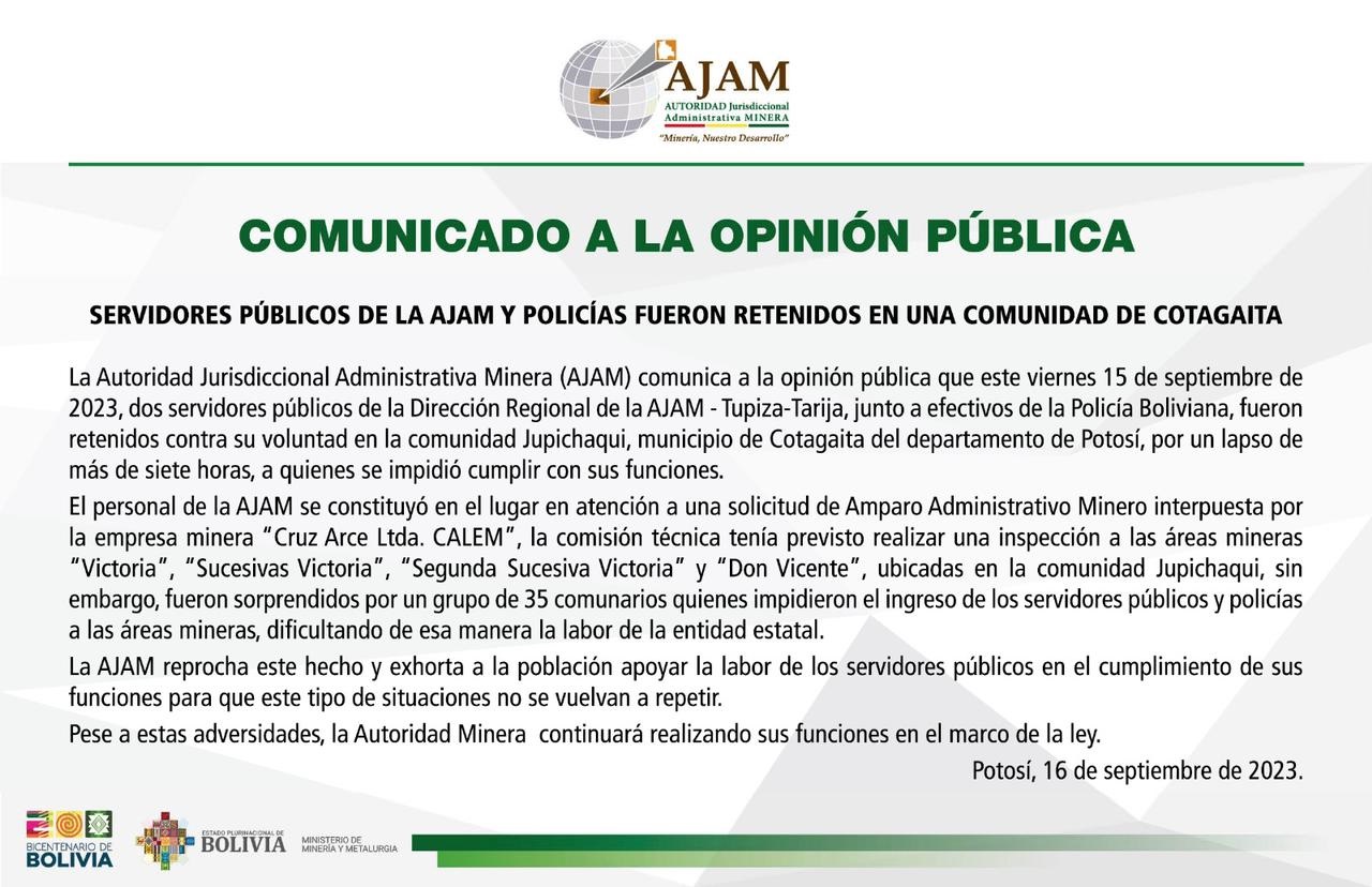 Comunarios impiden trabajo de la AJAM y retienen a funcionarios y policías en Cotagaita 
