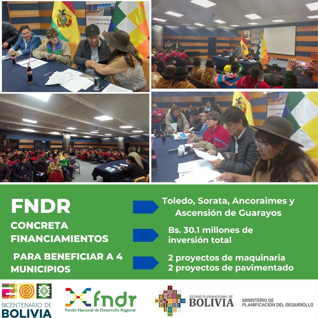 Municipios de La Paz, Oruro y Santa Cruz acceden a Bs 30,1 millones de financiamiento para caminos y equipamiento