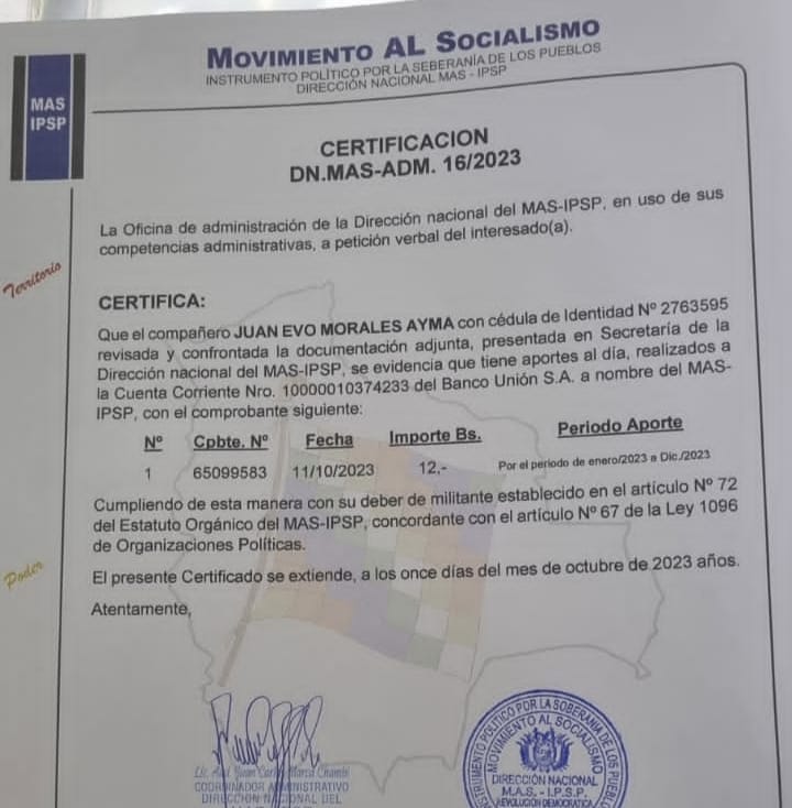 Militantes electos en Lauca Ñ no cumplían con aportes al partido, entre ellos Evo Morales