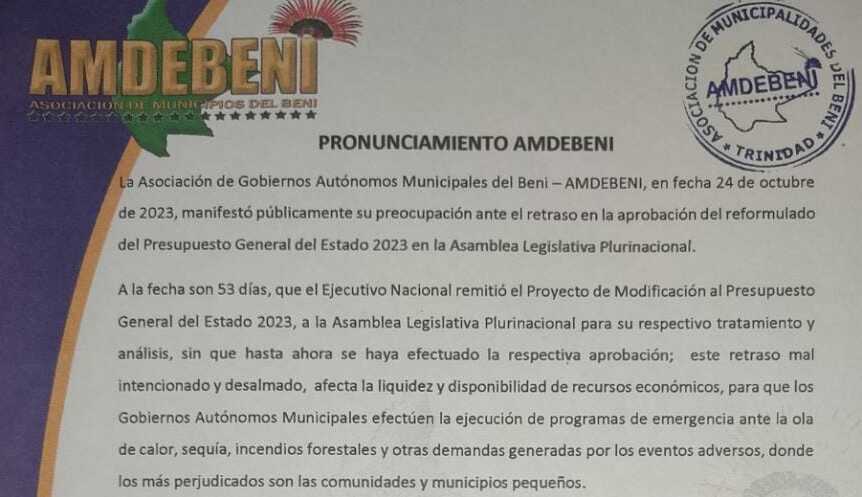 Municipios de Beni y Oruro se declaran en emergencia, exigen la aprobación del presupuesto reformulado