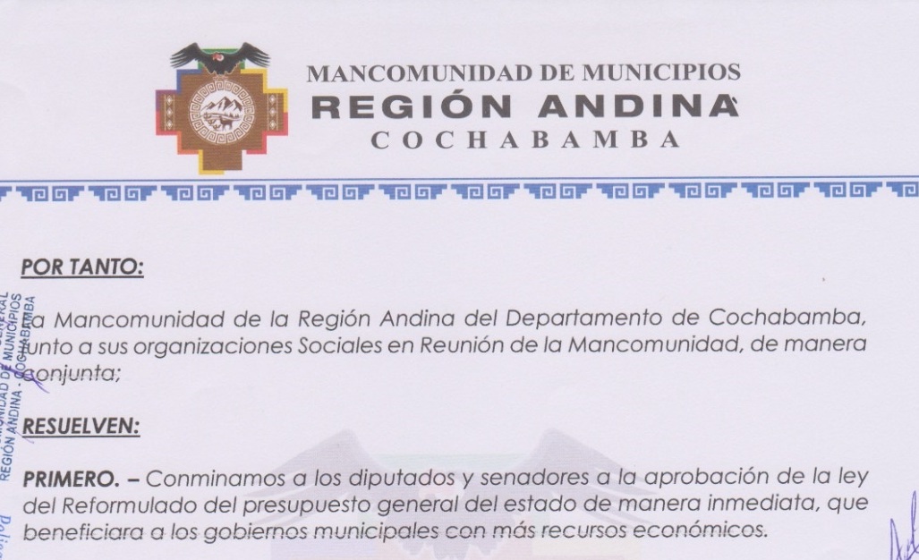 Mancomunidad de la Región Andina de Cochabamba se suma a vigilia que exige aprobar el presupuesto reformulado