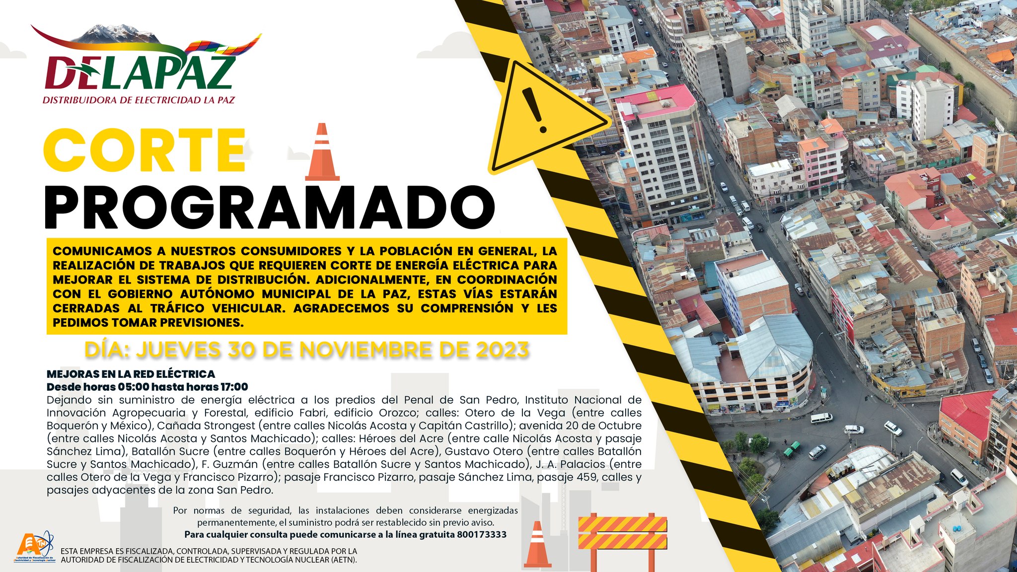 Anuncian corte de electricidad y cierre al tráfico vehicular en la zona San Pedro este jueves
