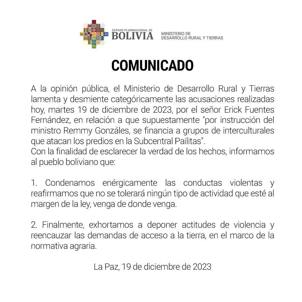 Desarrollo Rural desmiente acusaciones de Erick Fuentes contra ministro Gonzáles