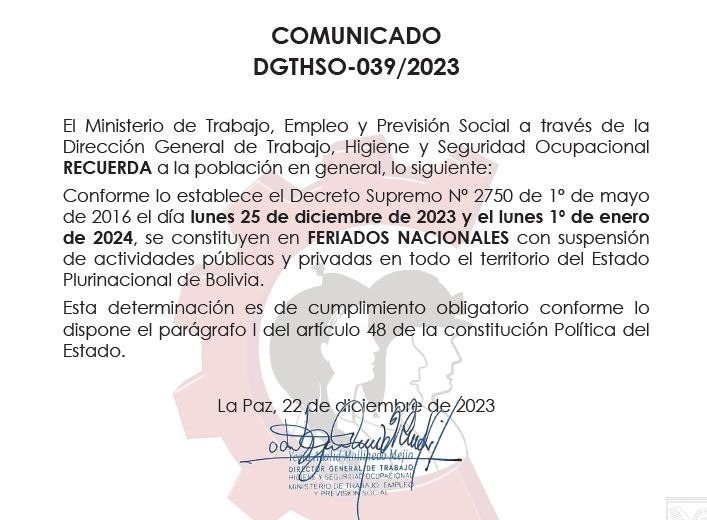 Trabajo confirma feriado nacional por Navidad y Año Nuevo para el 25 y 1 de enero de 2024
