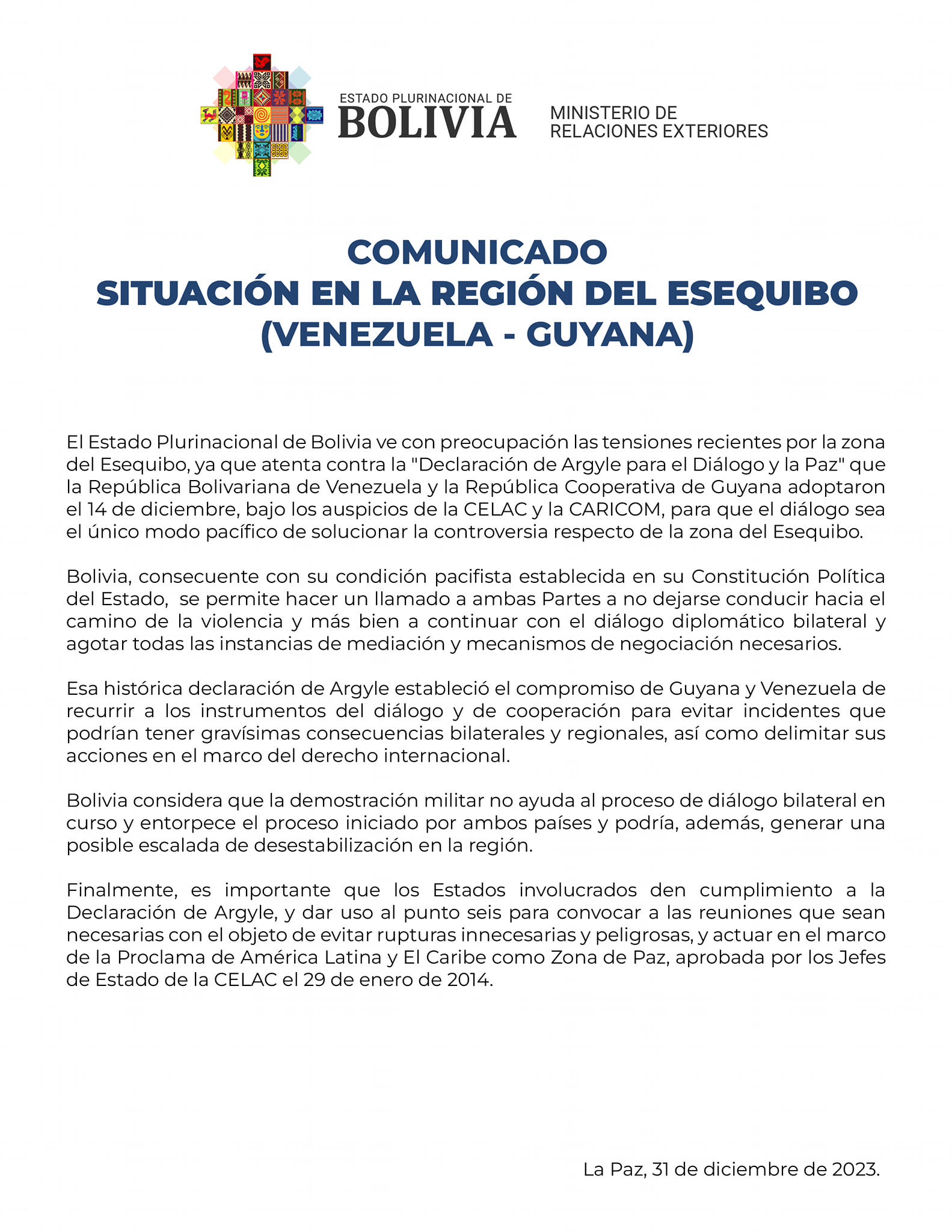 Bolivia ve con preocupación tensión por la zona del Esequibo y llama al diálogo a Venezuela y Guyana