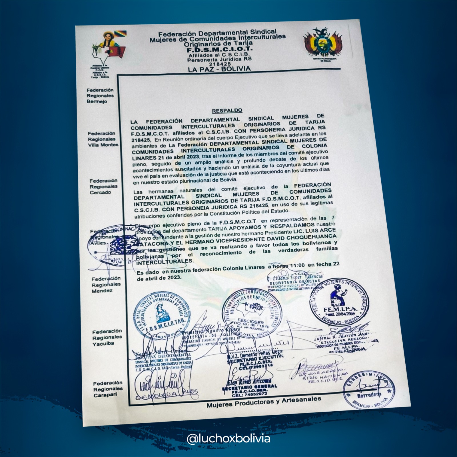 Arce ratifica que no traicionará la confianza del pueblo y agradece respaldo de la Federación de Mujeres Interculturales de Tarija