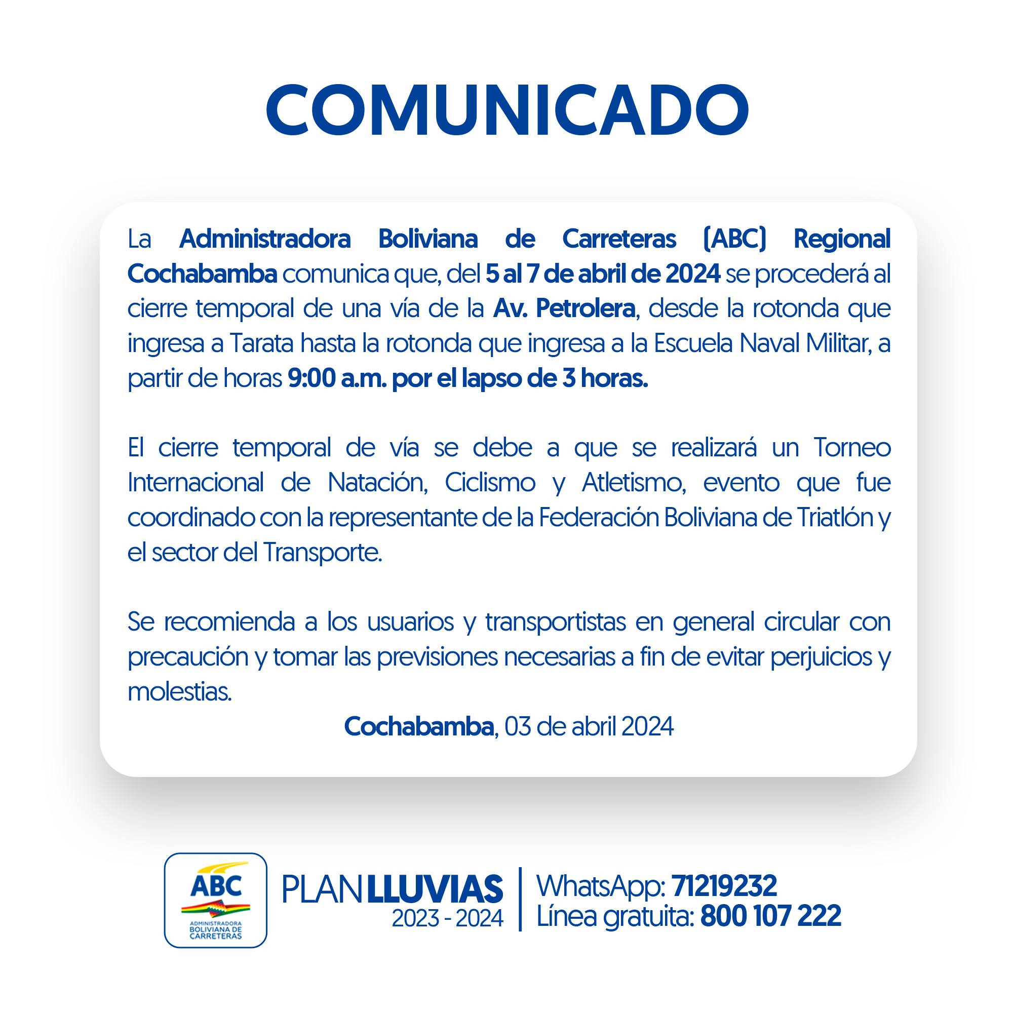 ABC cerrará temporalmente por tres días una vía de la avenida Petrolera por torneo deportivo en Cochabamba 