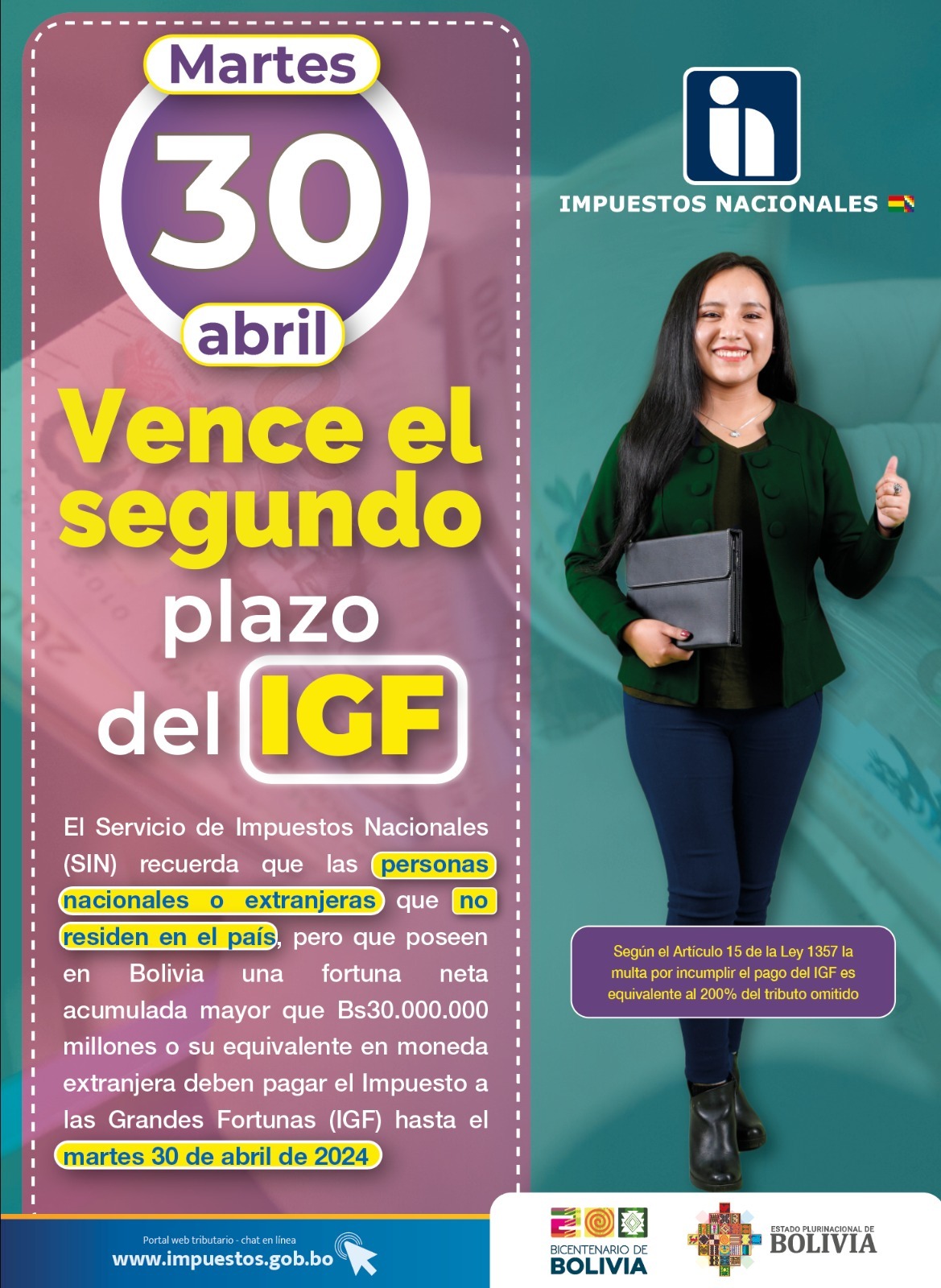 Impuestos: El 30 de abril vence plazo para pago del Impuesto a las Grandes Fortunas para no residentes en Bolivia