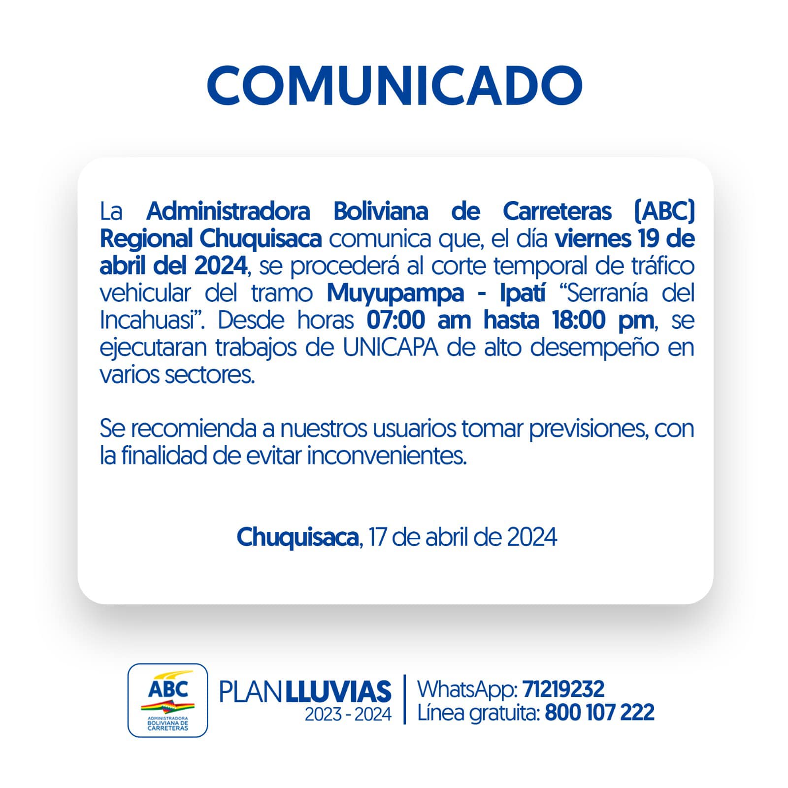 ABC pide tomar previsiones por corte al tráfico vehicular en el tramo Muyupampa – Ipatí este viernes