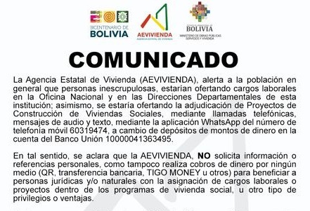 AEVivienda advierte que inescrupulosos pretenden estafar ofreciendo cargos laborales