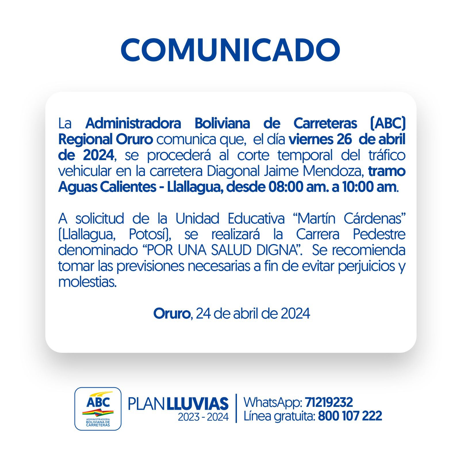 ABC cerrará el tramo Aguas Calientes – Llallagua por carrera pedestre este viernes