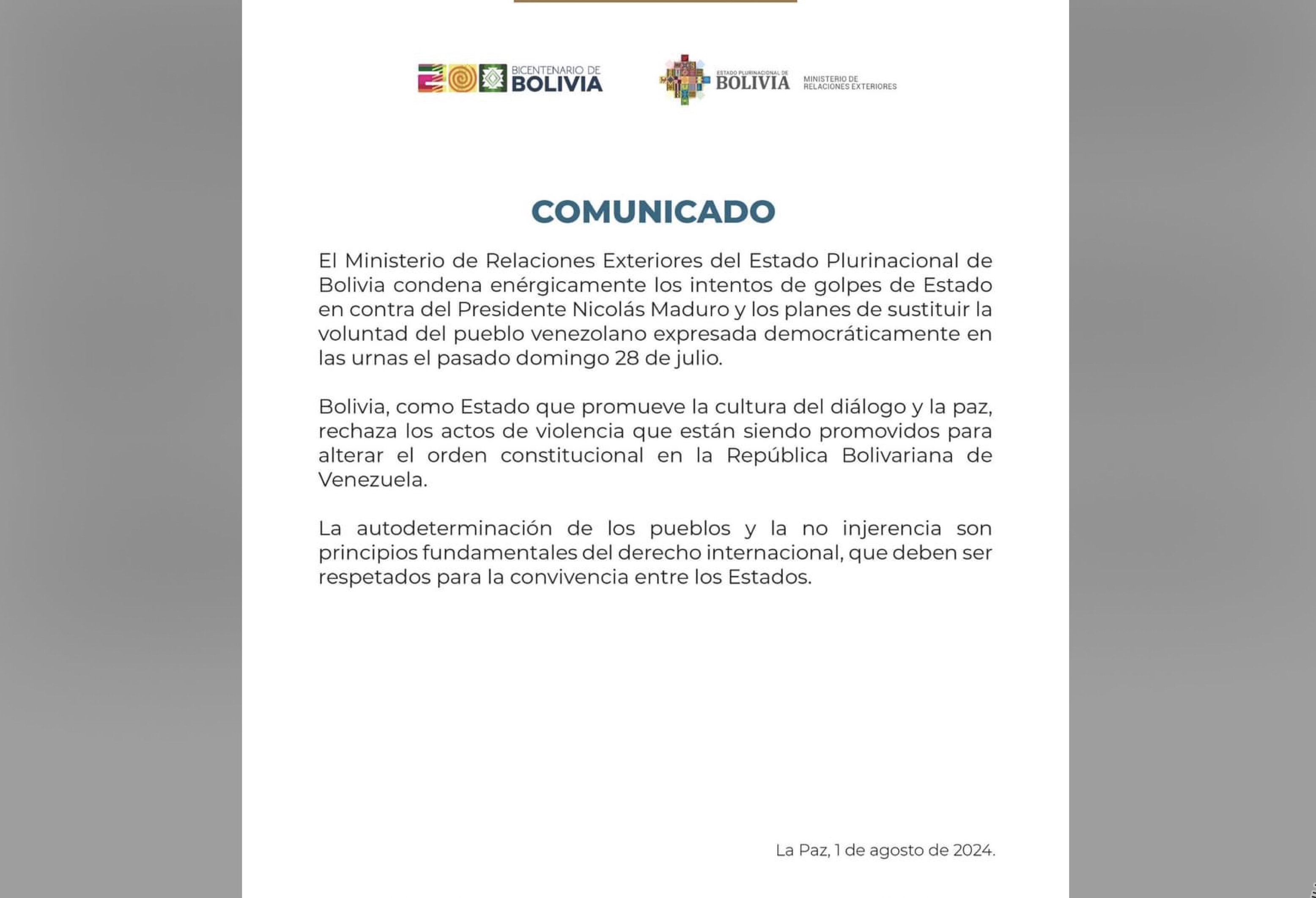 Bolivia condena intentos de golpe de Estado en contra del gobierno de Maduro