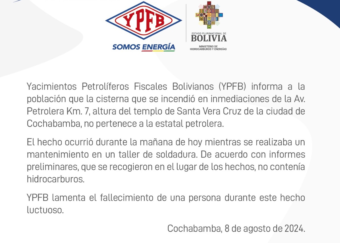 Cisterna que se incendió en la ciudad de Cochabamba no pertenece a YPFB 
