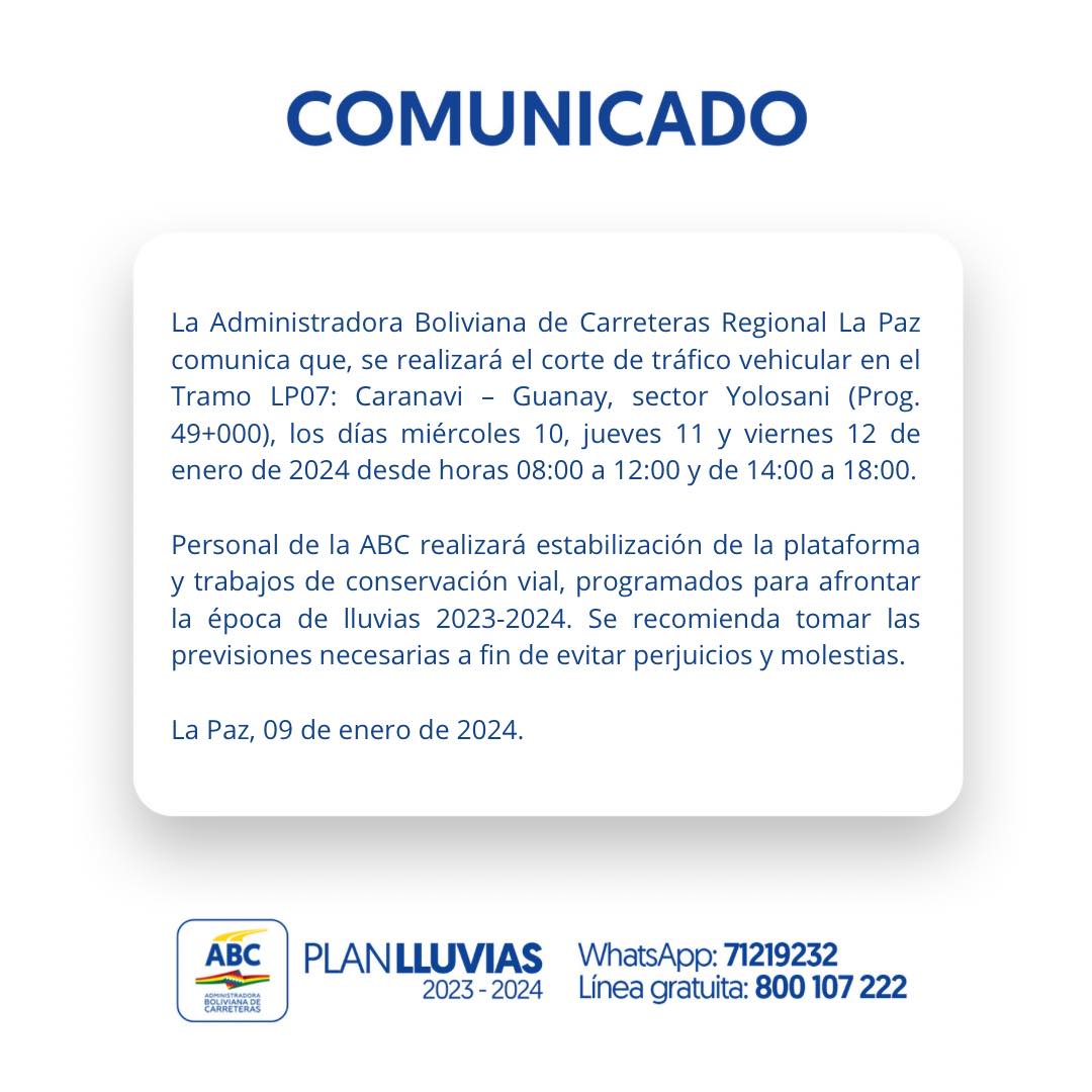 ABC anuncia corte de tráfico vehicular en el tramo Caranavi – Guanay por trabajos de estabilización