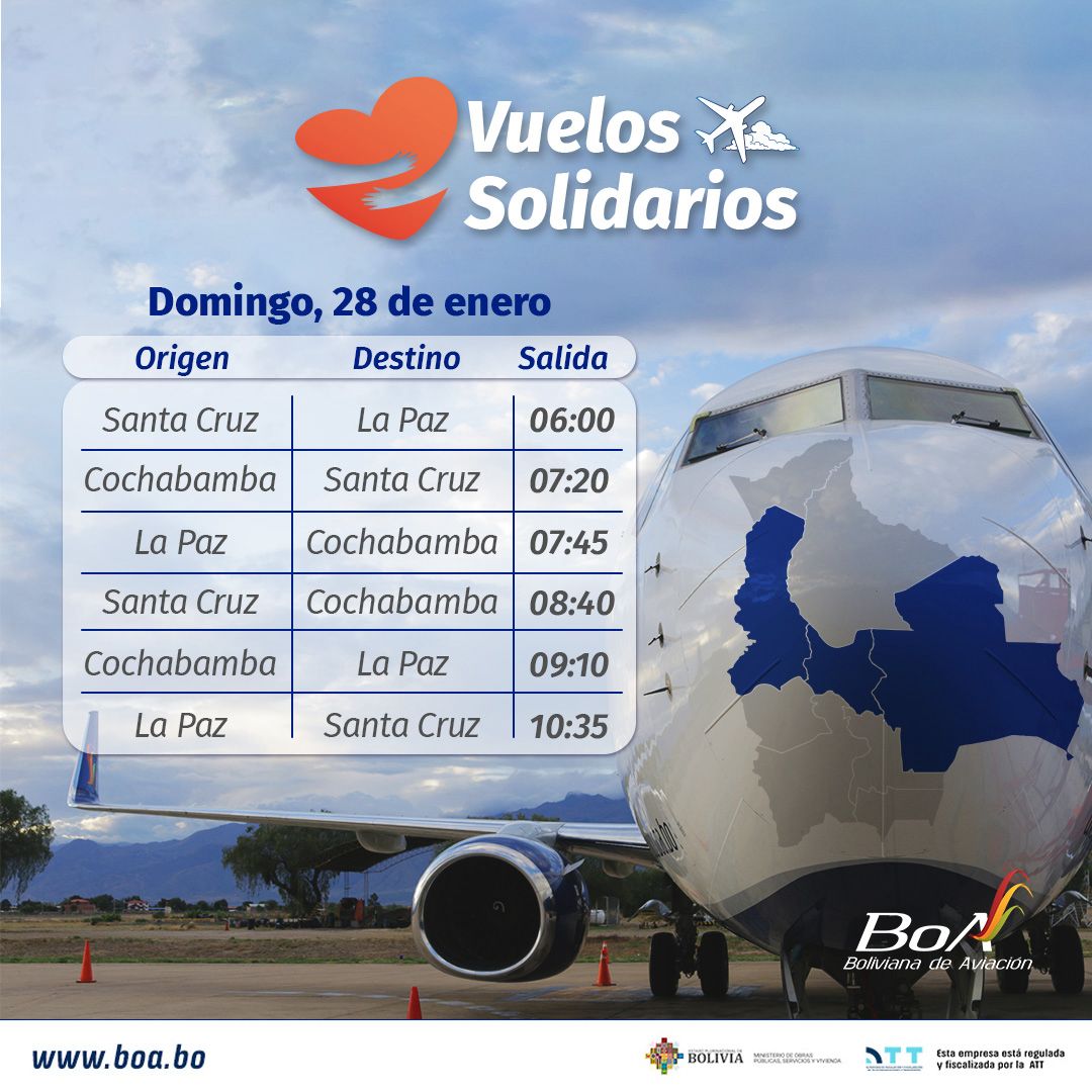 Estatal BoA habilita 12 vuelos solidarios, seis este sábado y seis mañana domingo