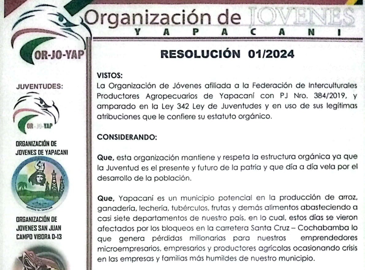 Jóvenes de Yapacaní no permitirán bloqueos en esta región y ratifican su respaldo al Gobierno de Arce