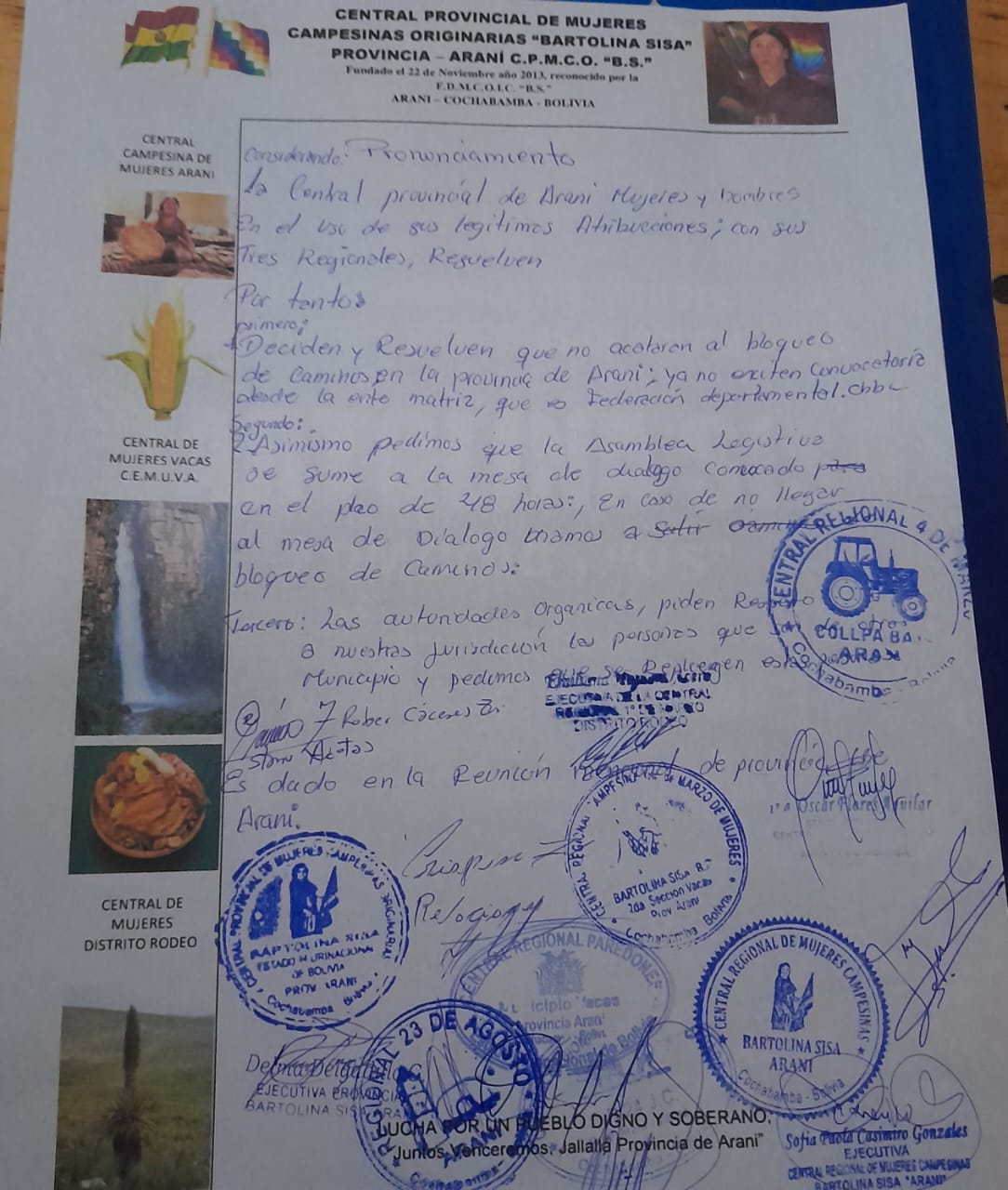 Organizaciones sociales y productores de San Julián y Arani rechazan los bloqueos y piden diálogo este lunes