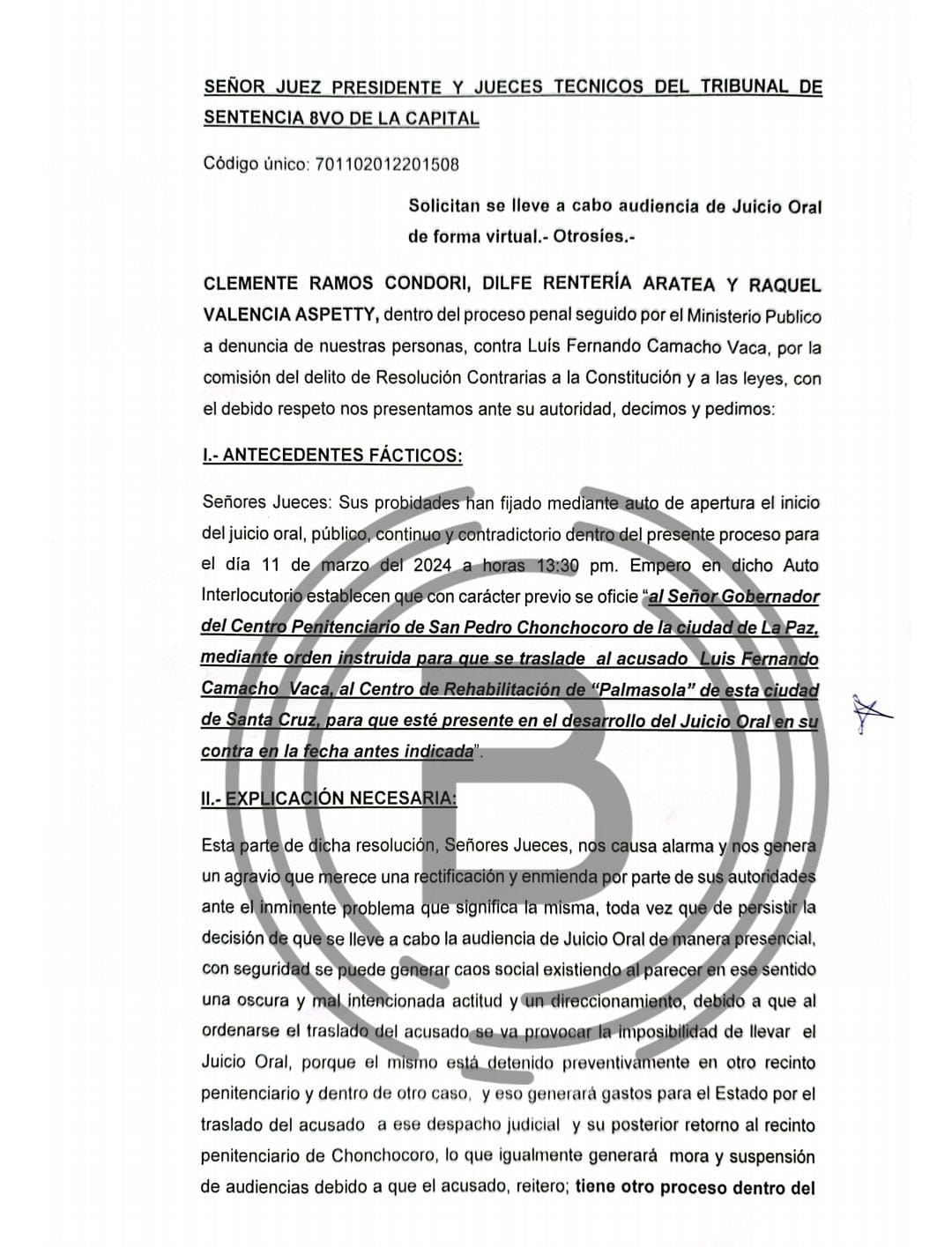 Asambleístas del MAS piden a la Justicia revertir traslado de Camacho a Santa Cruz y juicio virtual por caso “decretazo”