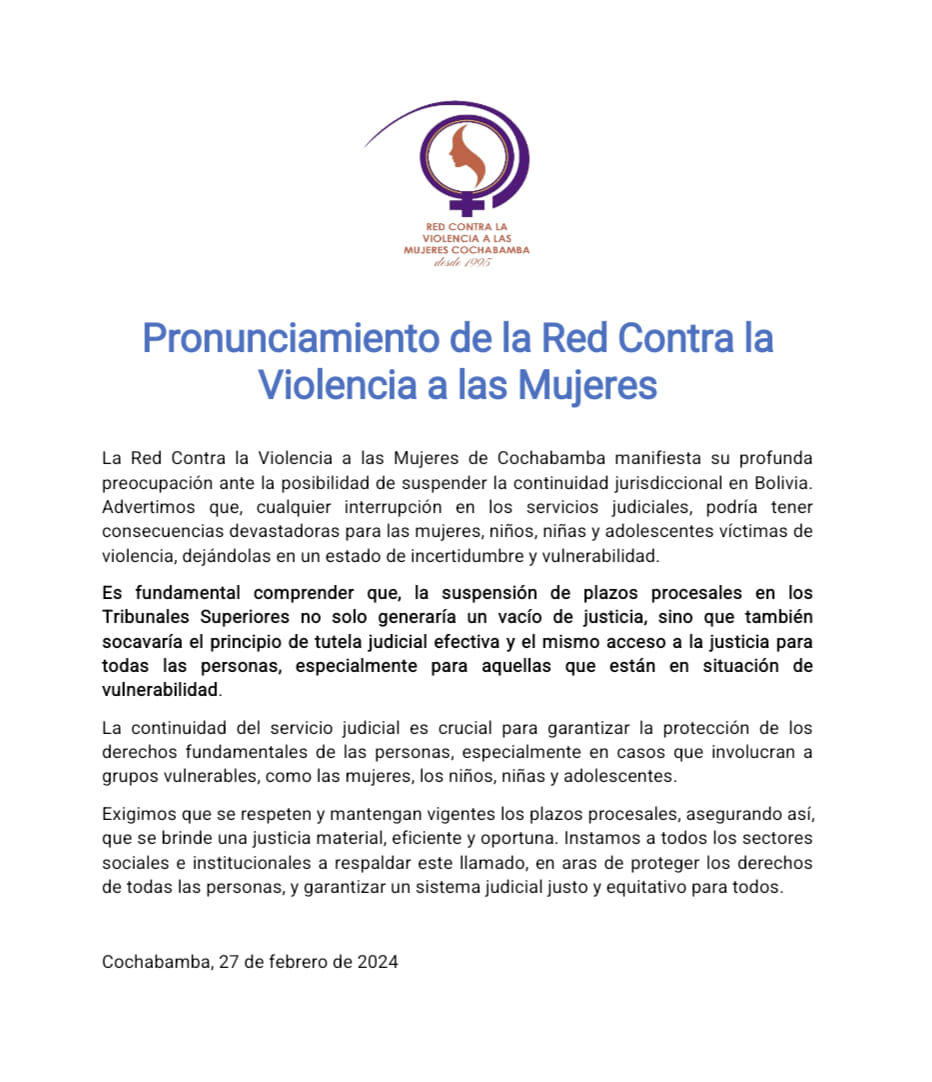 Red Contra la Violencia a las Mujeres alerta que vacío judicial y suspensión de plazos procesales tendrá consecuencias devastadoras