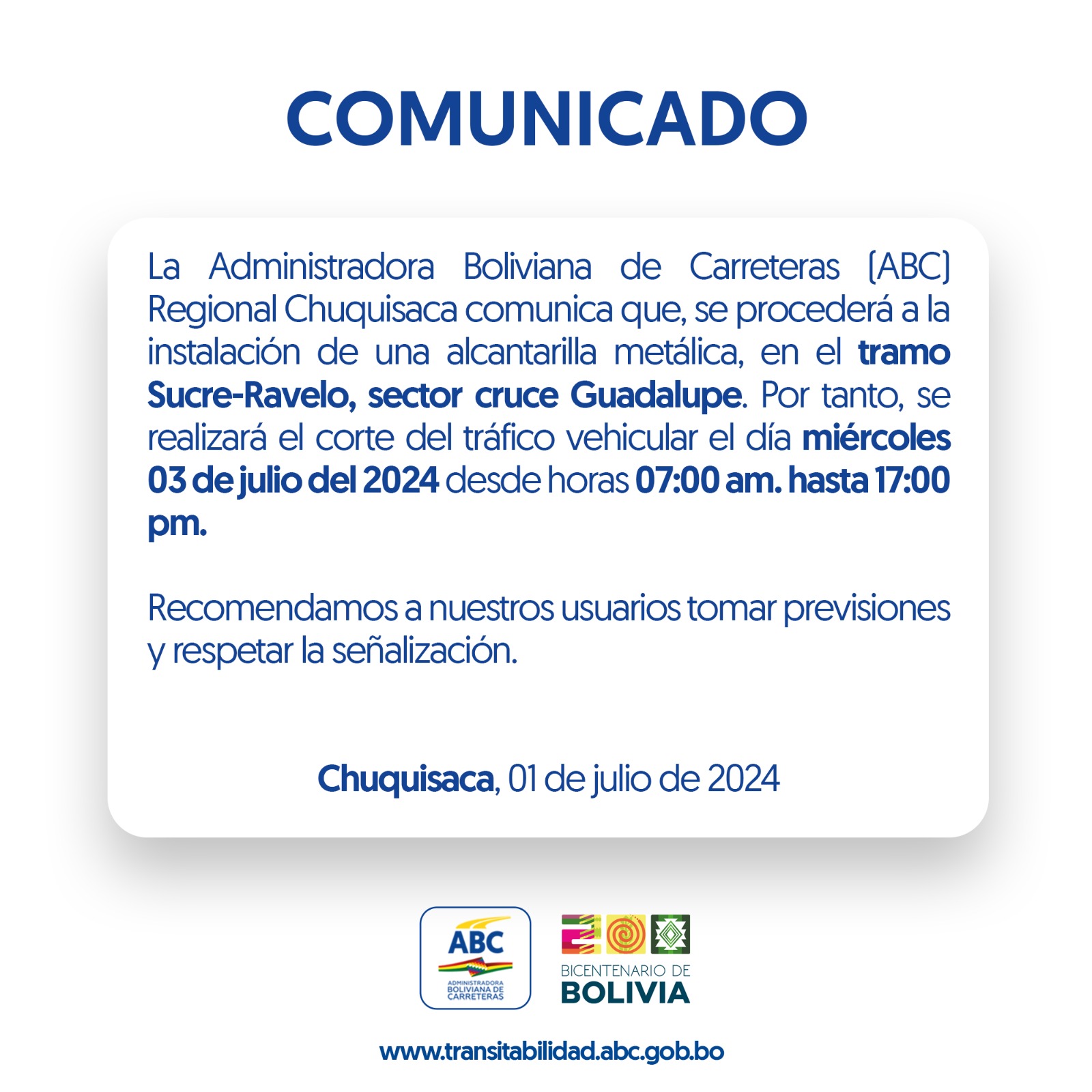 ABC corta tráfico vehicular en sector cruce Guadalupe del tramo Sucre – Ravelo, pide tomar previsiones