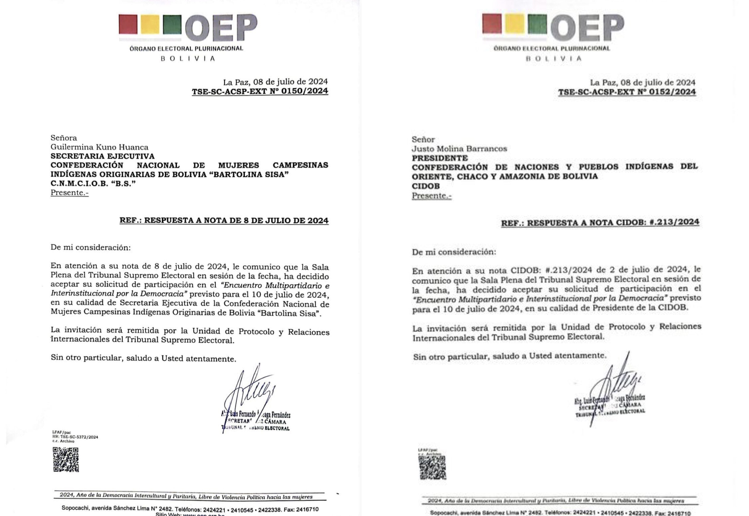 El TSE invita al Pacto de Unidad al encuentro multipartidario por la democracia