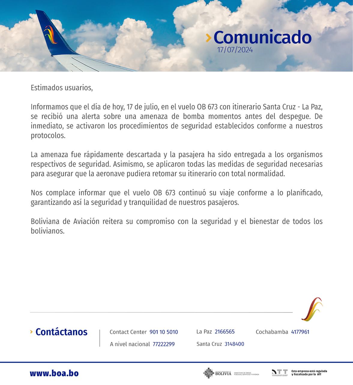 BoA descarta alerta de bomba en vuelo Santa Cruz – La Paz, pasajera involucrada fue entregada a autoridades