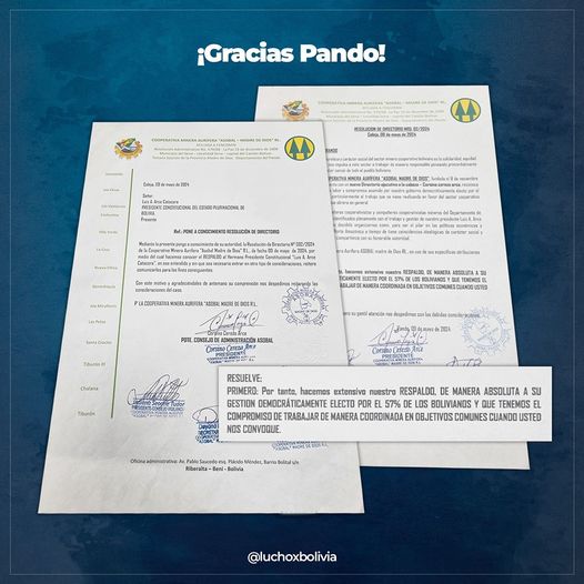 Arce agradece a la cooperativa minera de Pando “Madre de Dios” por respaldar su gestión de Gobierno