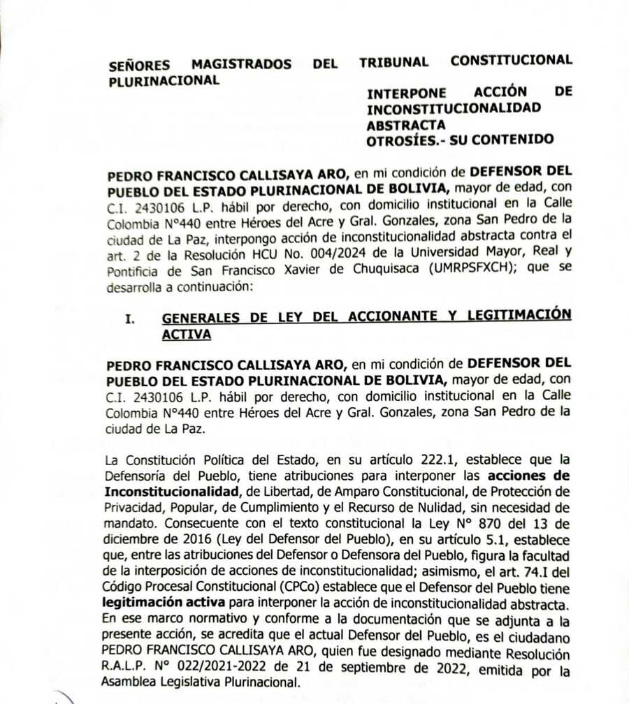 Defensoría presenta acción de inconstitucionalidad para que universitarios no sean obligados a censarse en Sucre 