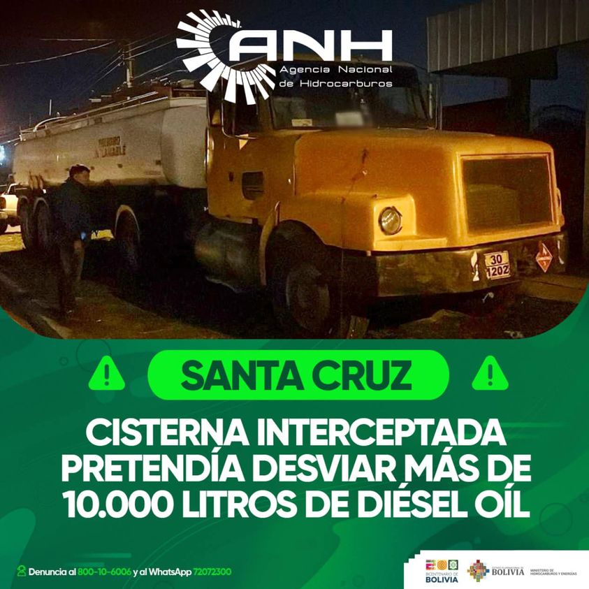 ANH intercepta cisterna que pretendía desviar 10.000 litros de combustible en Santa Cruz, hay tres aprehendidos