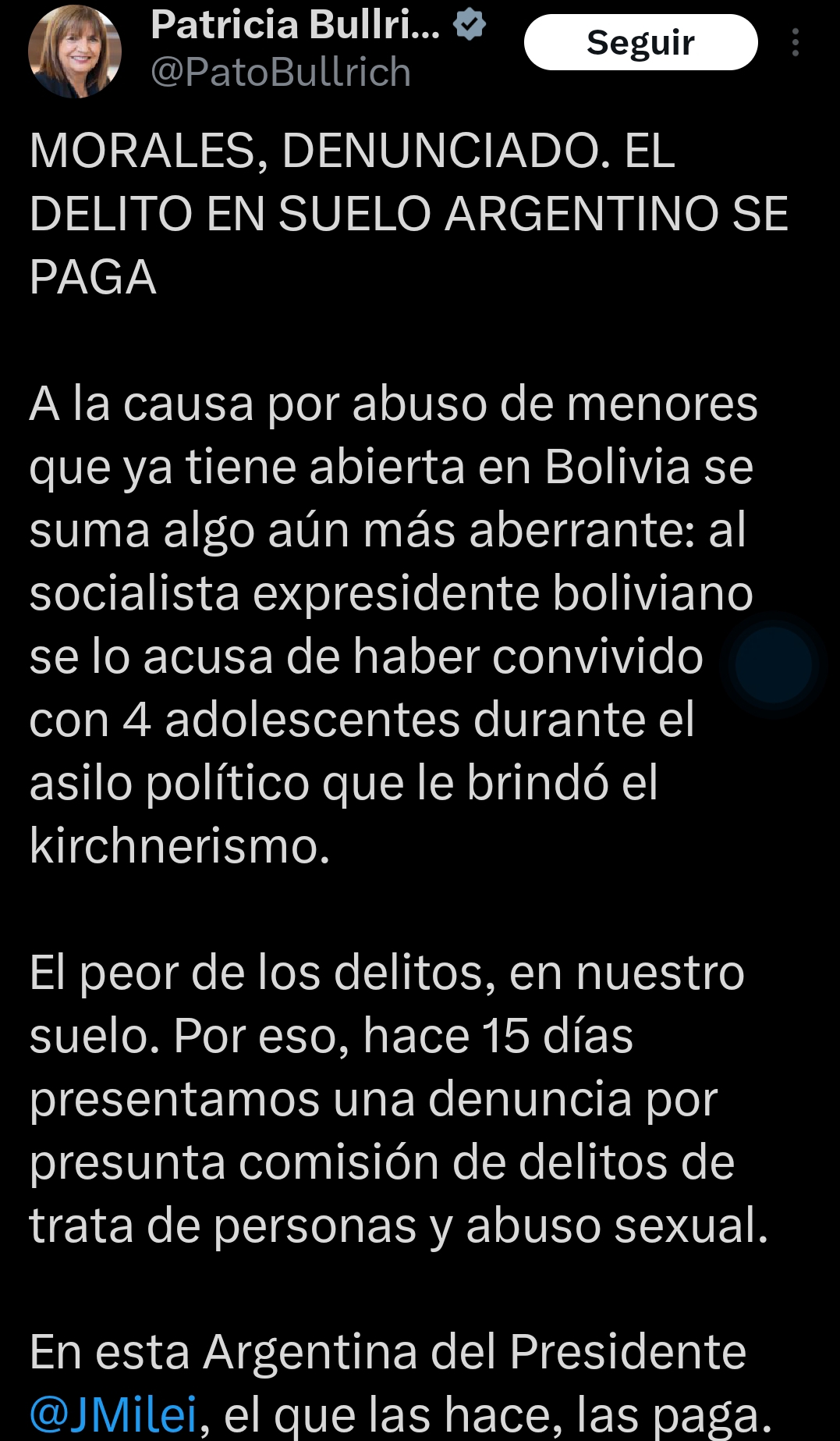 Ministerio de Seguridad de Argentina denuncia a Morales por trata de personas y abuso sexual contra cuatro menores