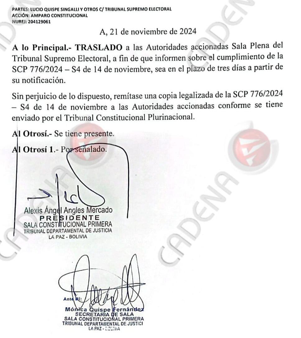 TSE tiene tres días para informar sobre cumplimiento de sentencia que valida a Grover García como dirigente del MAS