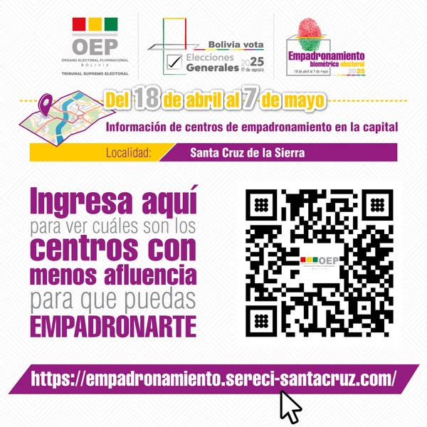 Elecciones generales: Activan código QR para facilitar empadronamiento en Santa Cruz