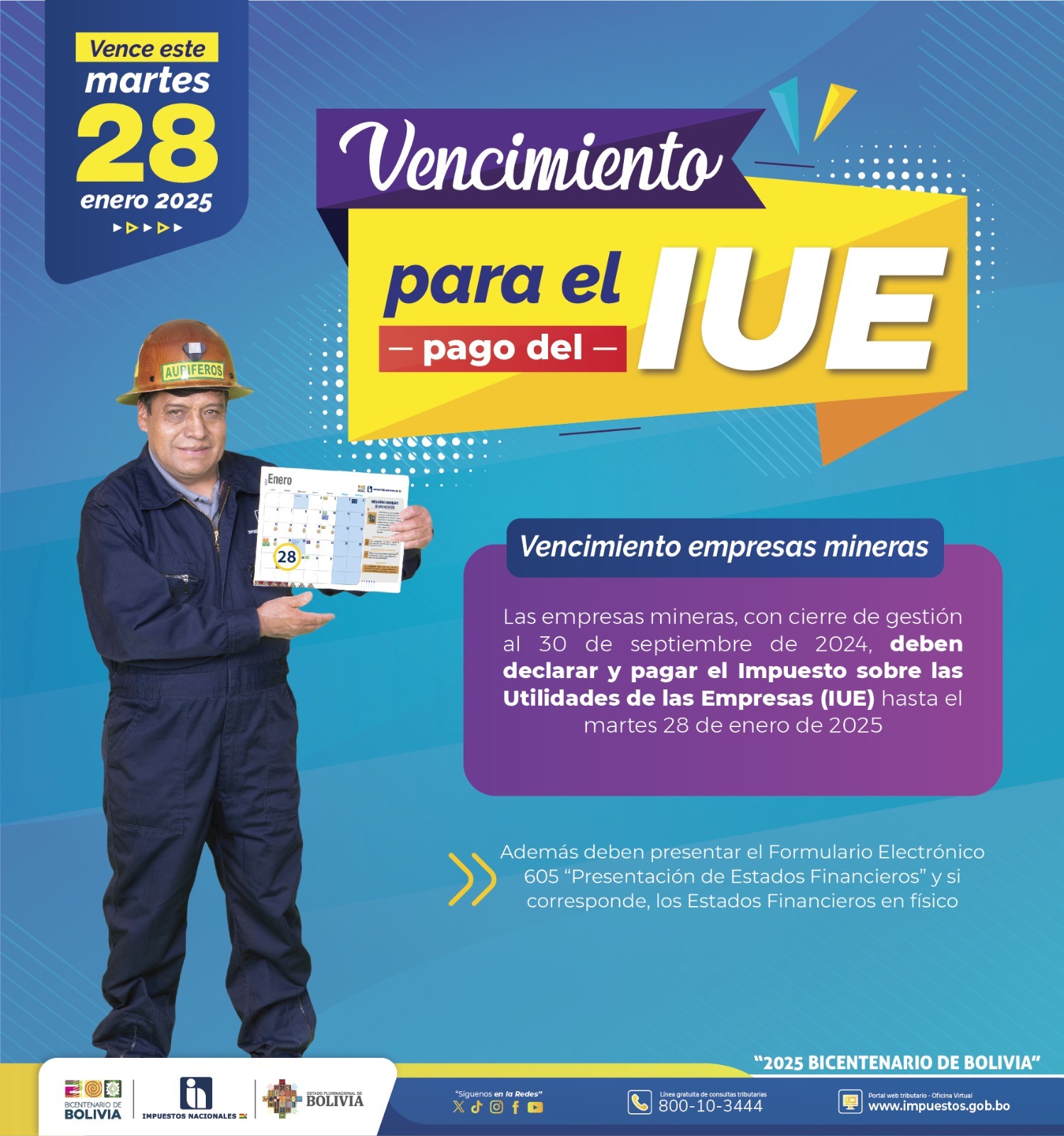 Impuestos recuerda a empresas mineras que el 28 de enero vence plazo de pago del IUE
