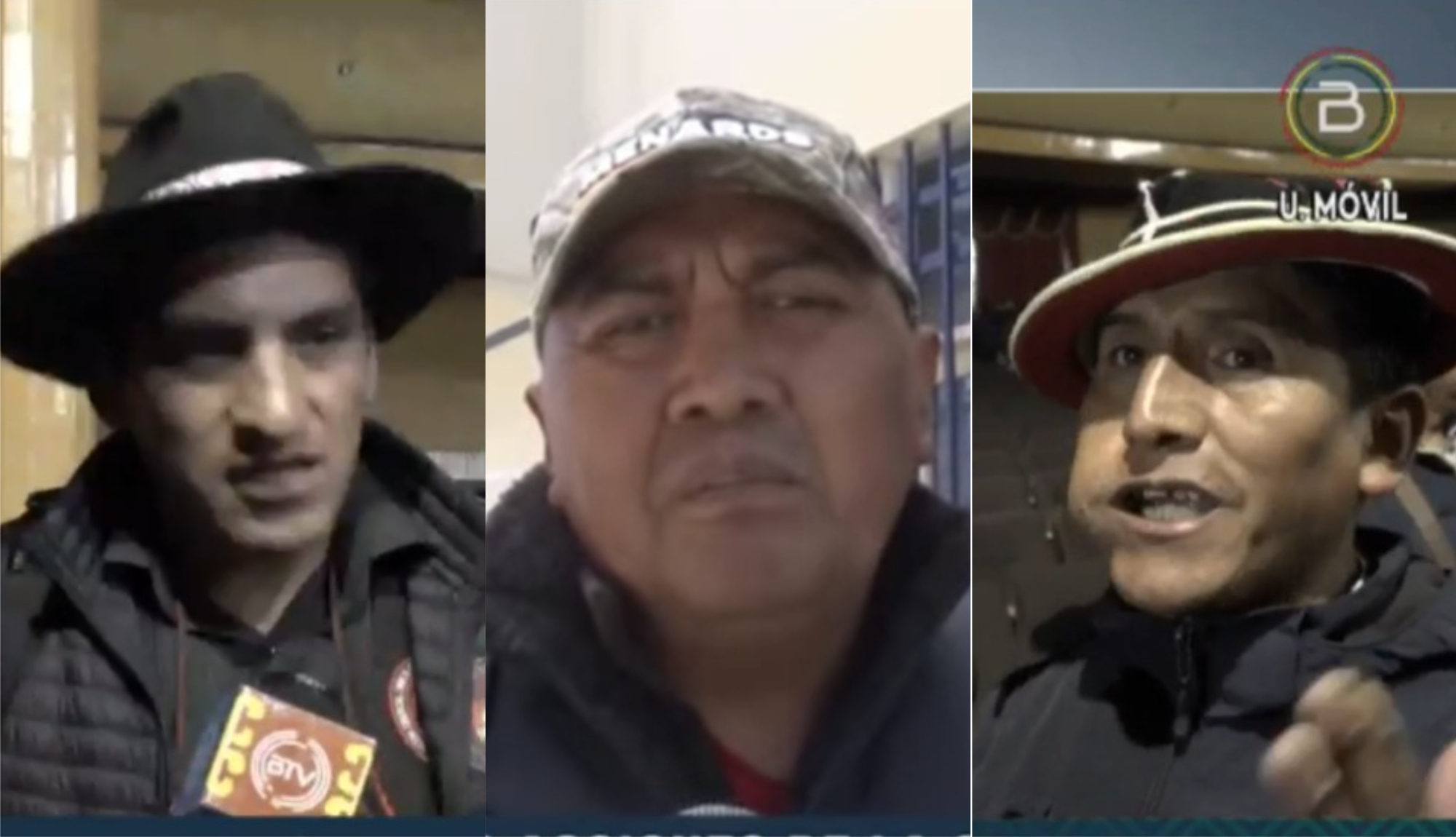 Secretario de la Confederación Sindical Única de Trabajadores Campesinos de Bolivia (Csutcb), Jorge Mamani; presidente de la junta vecinal de Huajara, Wilson Coca; y secretario ejecutivo de la Federación de Trabajadores Campesinos del Altiplano Potosí Sud Oeste (FRUTCAS), Basilio Marca. Captura: Btv