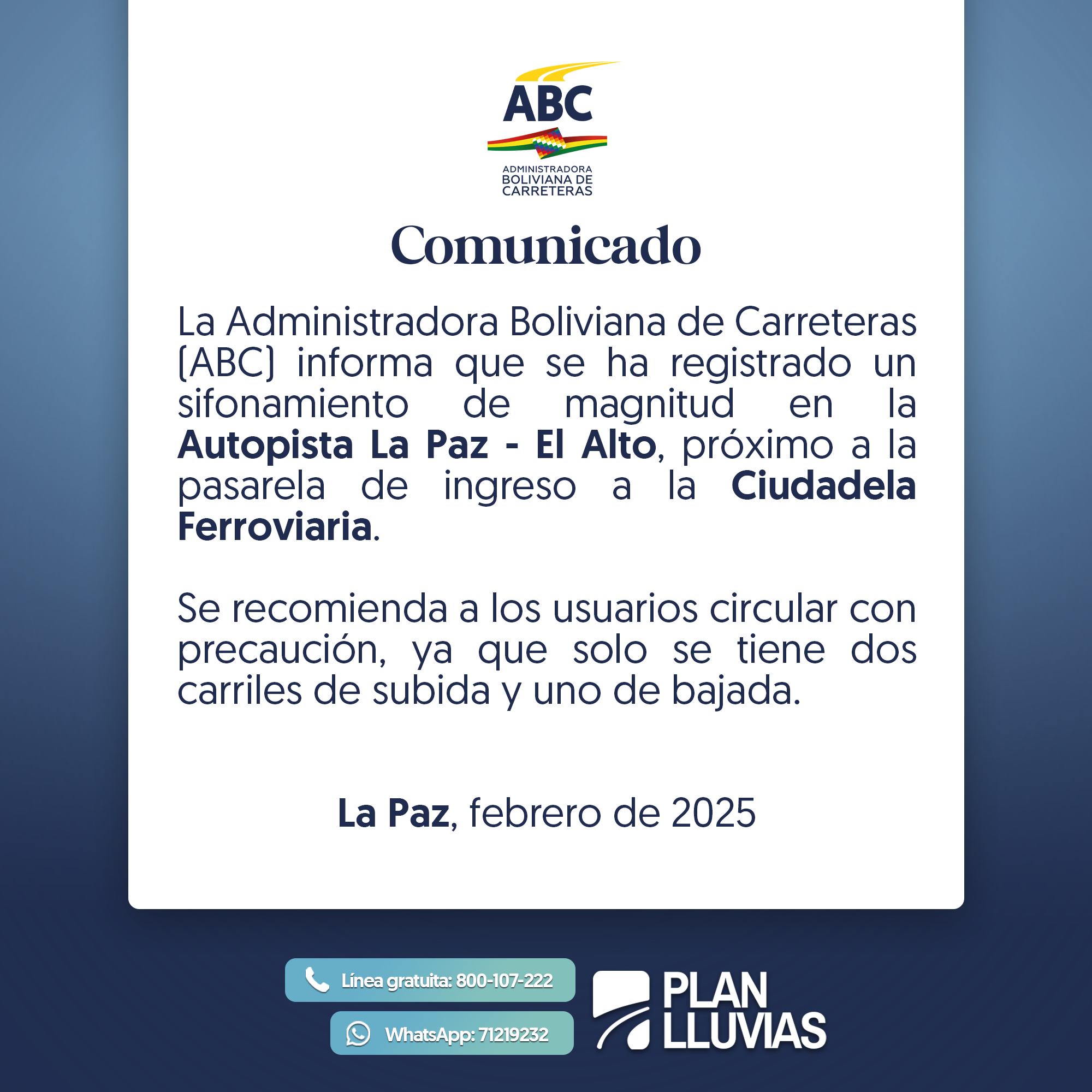 Reportan sifonamiento de magnitud en la Autopista La Paz – El Alto, recomiendan precaución