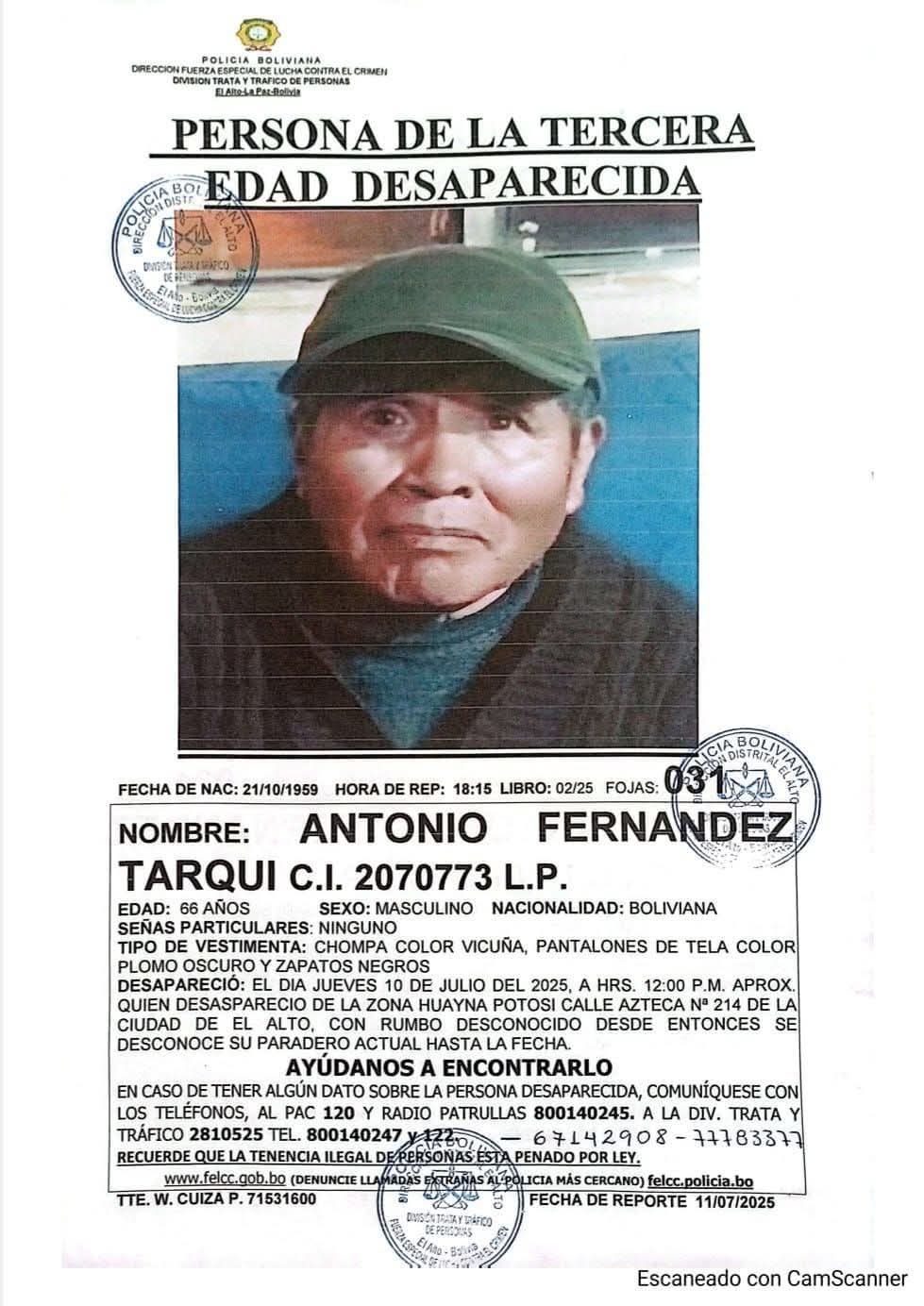 Policía activa búsqueda de adulto mayor reportado desaparecido en El Alto