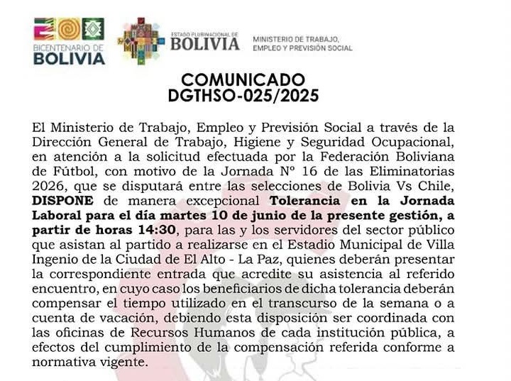 Disponen tolerancia laboral para asistir al partido Bolivia – Chile este martes en El Alto