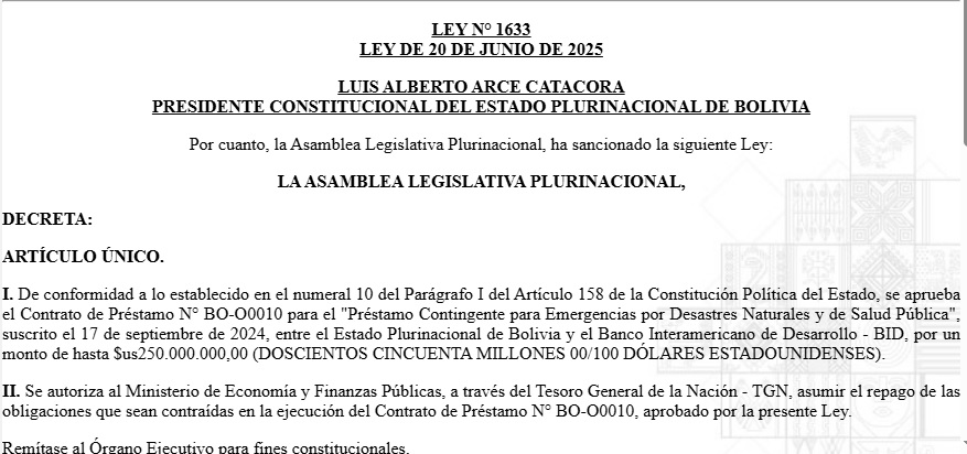Arce promulga Ley 1633 del crédito de $us 250 millones para atender emergencias